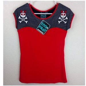 Toofast Sourpuss red & black polka skull dot top